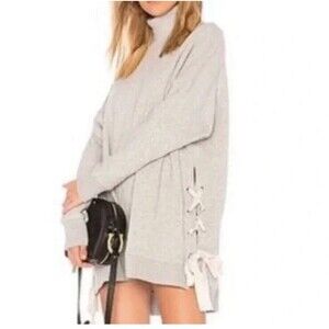 FREE PEOPLE Size S Gray Oversized Tie Up Side Mock Neck Sweatshirt